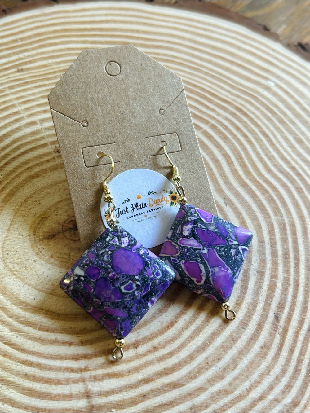 Purple Mosaic Square Dangle Earrings Gold Tone Geometric Statement